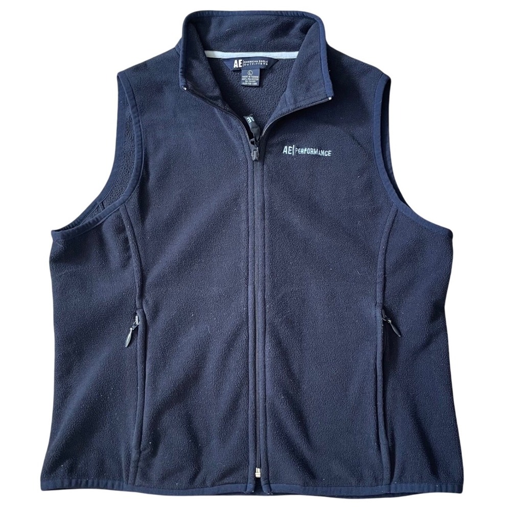 Y2K Men American Eagle Outfitter Fleece Vest Zip Navy Blue Performance Large